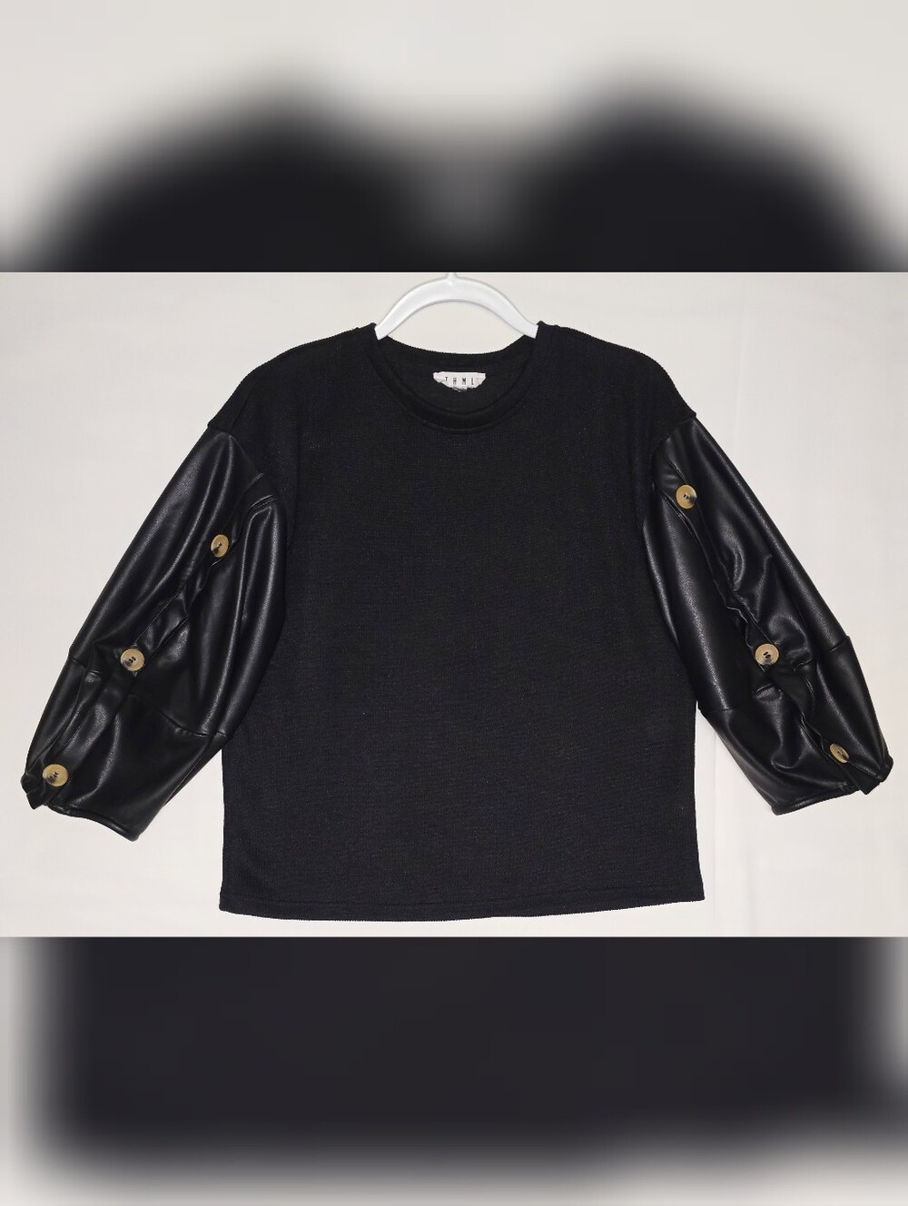 THML Mixed Media Faux Leather Button Puff Sleeve Top Black